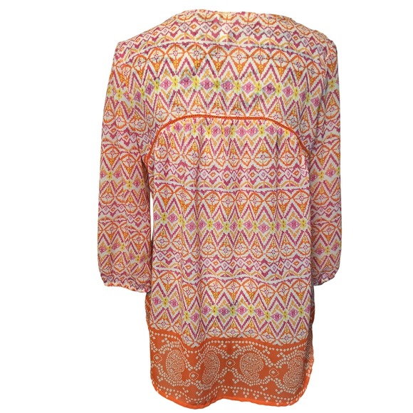 Red Camel Orange Pink Ikat Boho Peasant Top Tassel Tie Crochet Trim Women's M - Picture 4 of 9